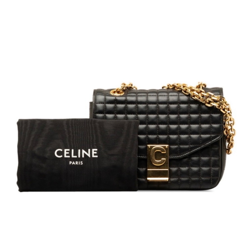 Celine Black Quilted C Leather Shoulder Bag with Gold Chain